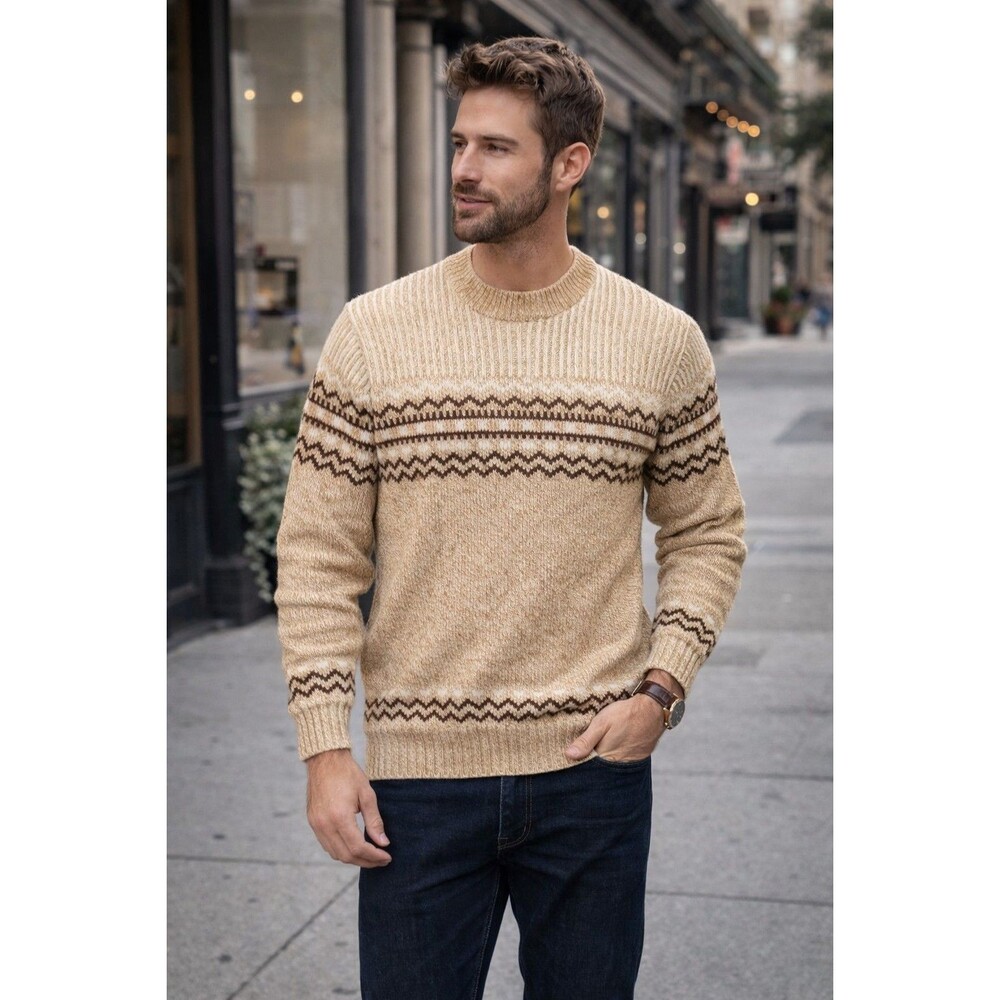 Ashley Knit Fair Isle Crewneck Sweater Tan Brown Men's M USA Vintage